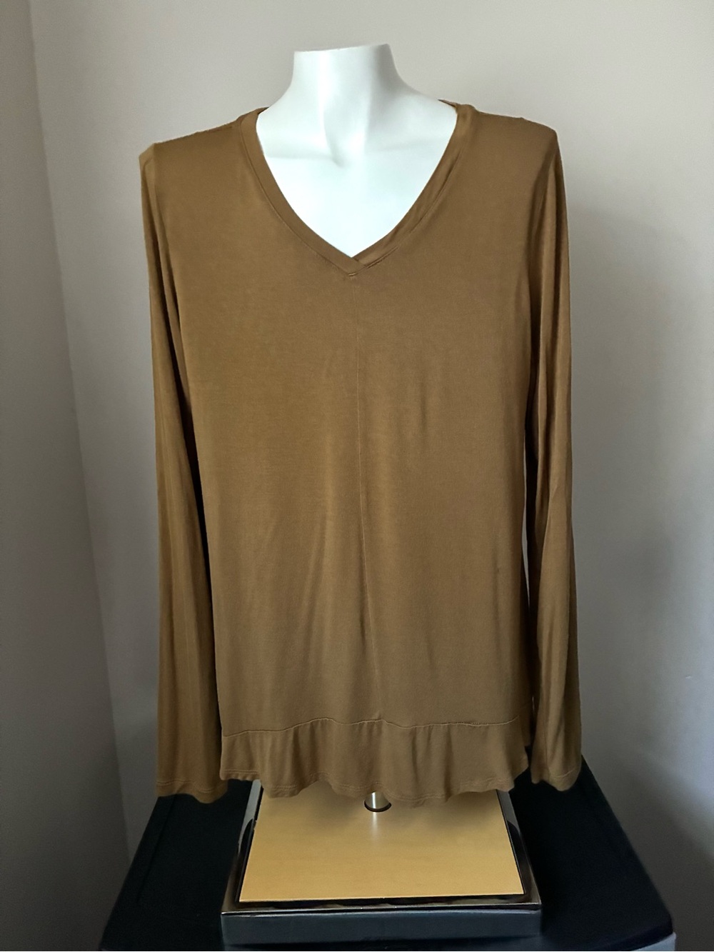 LOGO by Lori Goldstein V-Neck Long Sleeve Top in Camel Brown